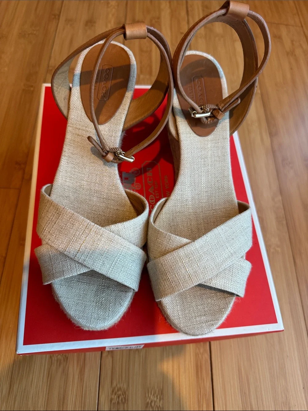 Coach Neutral Linen Espadrille Wedges with Brown Leather Ankle Straps